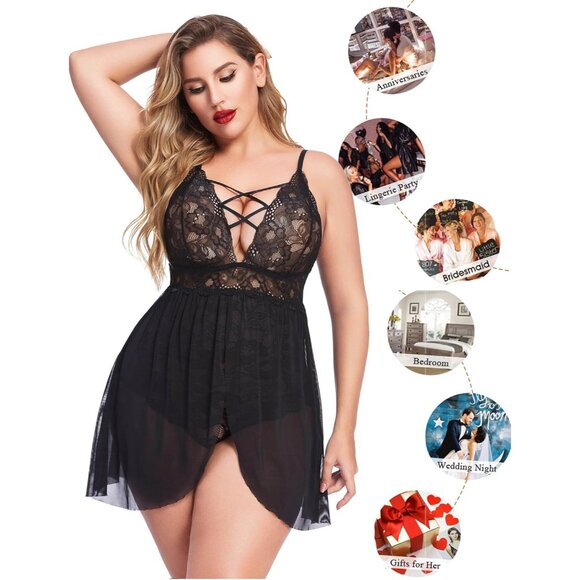 Comfortable Plus Size Lingerie V Neck Lace Nightwear with Ease of Use, L-5XL - Picture 6 of 6